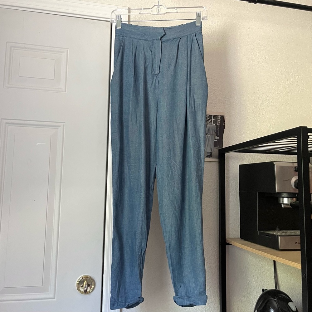 FIRST RITE blue tencel denim pleated slim tapered cropped leg‎ trousers pants